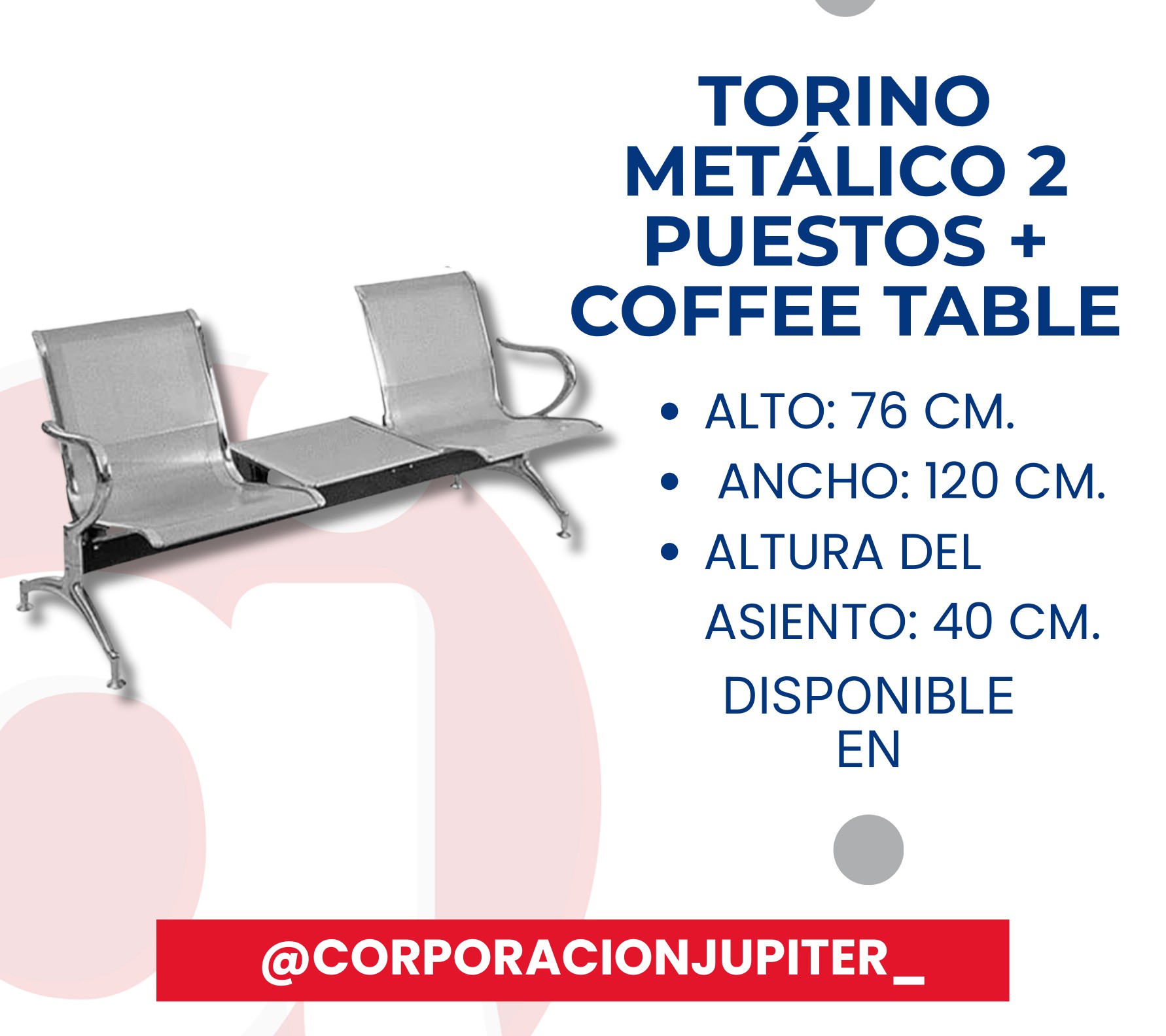 Silla Tándem Torino Metálico 2 Puestos + Coffee Table