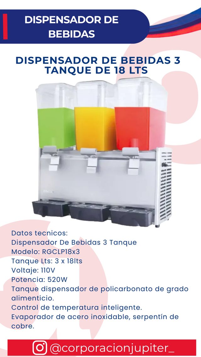 Dispensador de Bebidas 3 Tanque de 18 Lts