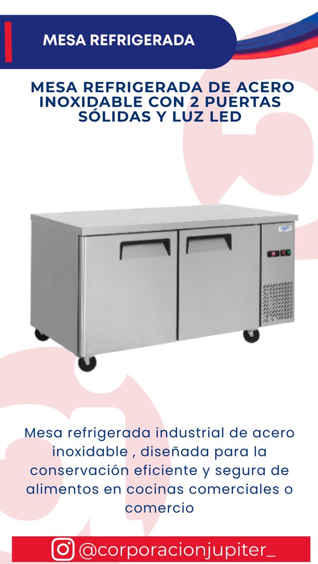Mesa Refrigerada de Acero Inoxidable con 2 Puertas Sólidas y Luz LED