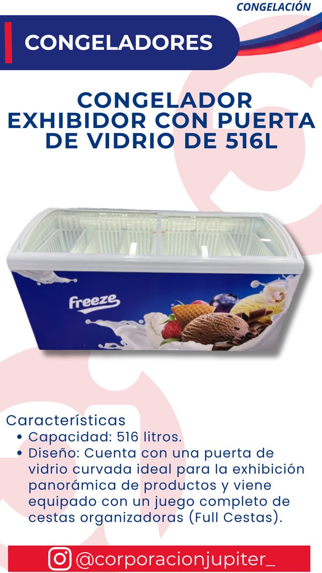 Congelador Exhibidor con Puerta de Vidrio de 516L