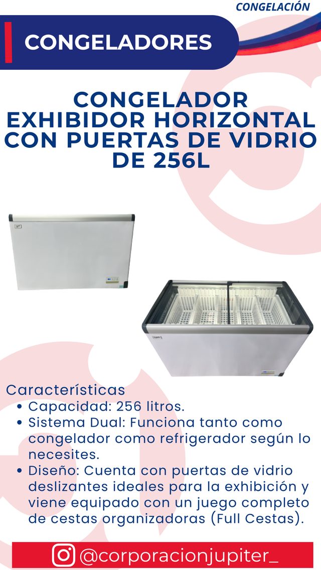 Congelador Exhibidor Horizontal con Puertas de Vidrio de 256L