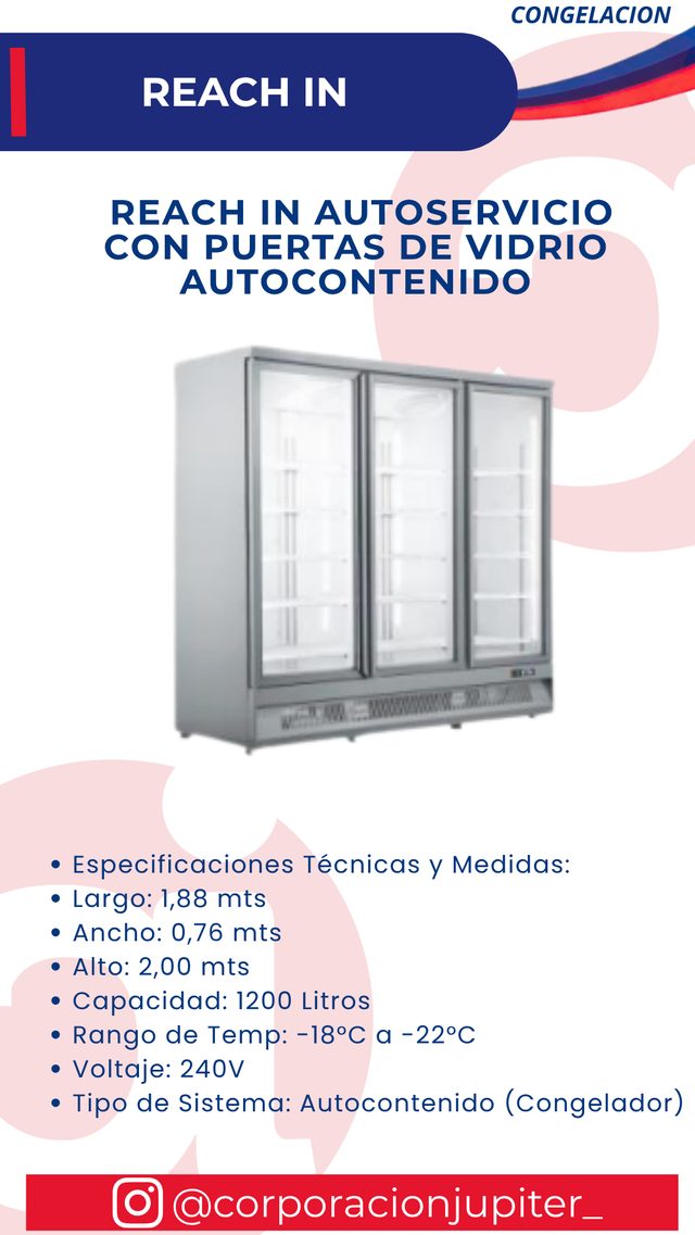 Reach In Autoservicio con Puertas de Vidrio Autocontenido