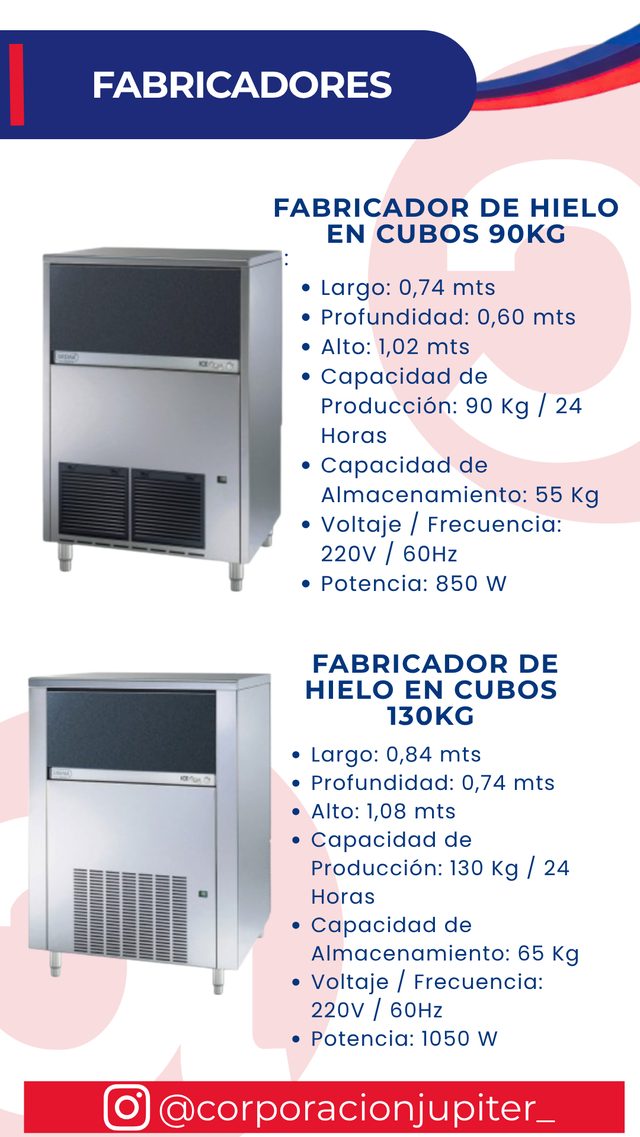 Fabricador de Hielo en Cubos 90Kg / Fabricador de Hielo en Cubos 130Kg
